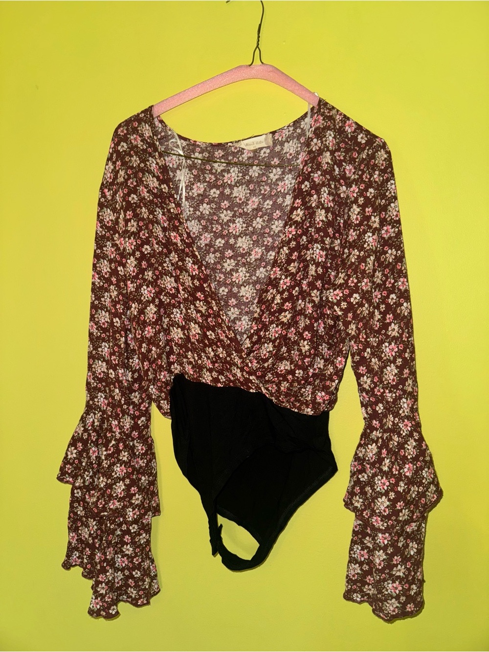 Floral Wrap-Front Bell Sleeve Bodysuit - Pink on Brown